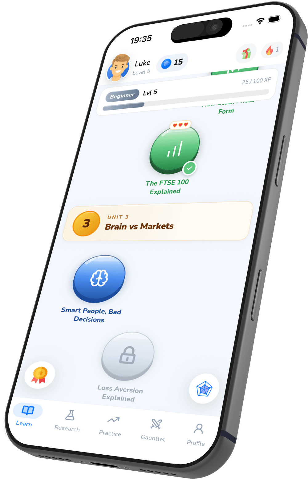 LearnStocks on iPhone — interactive lessons on a path, with XP and progress